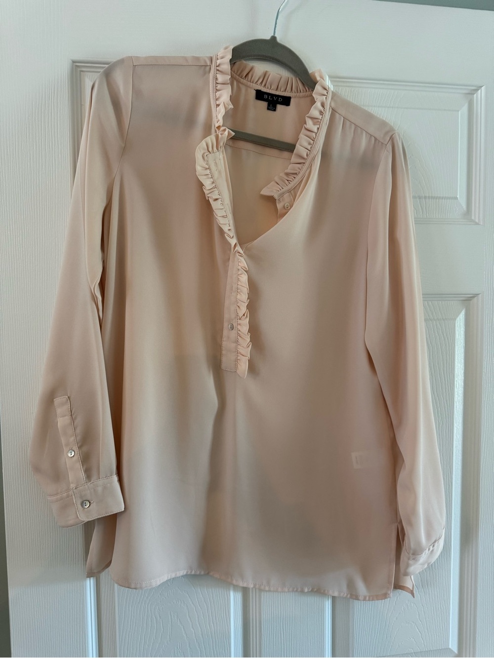 BLVD Soft Pink Ruffle Trim V-Neck Blouse
